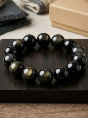 Natural 20mm Gold Sheen Obsidian Beaded Bracelet Large Statement